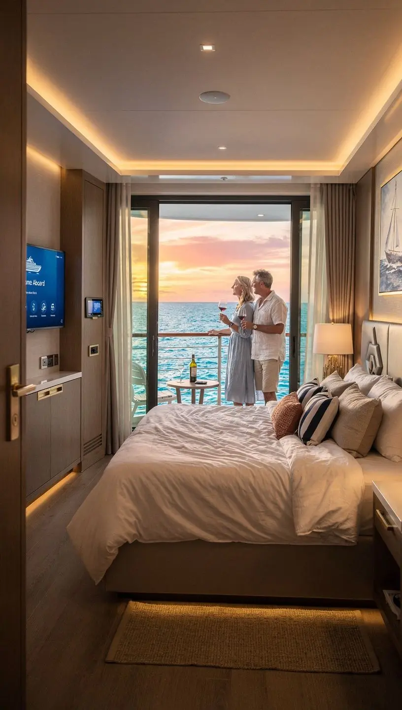 Passengers enjoying outdoor deck activities on a Mediterranean cruise ship with scenic sea views.