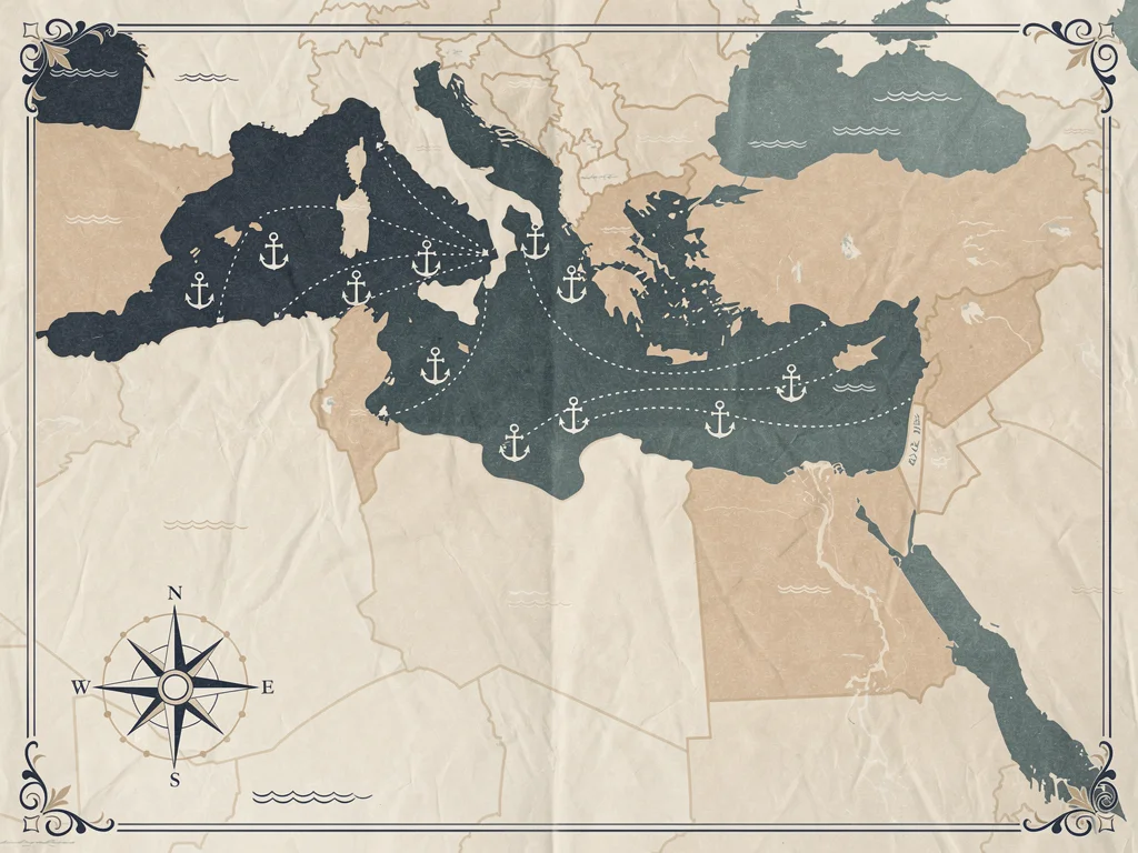 Map displaying popular Mediterranean cruise destinations with marked ports of call and travel routes.